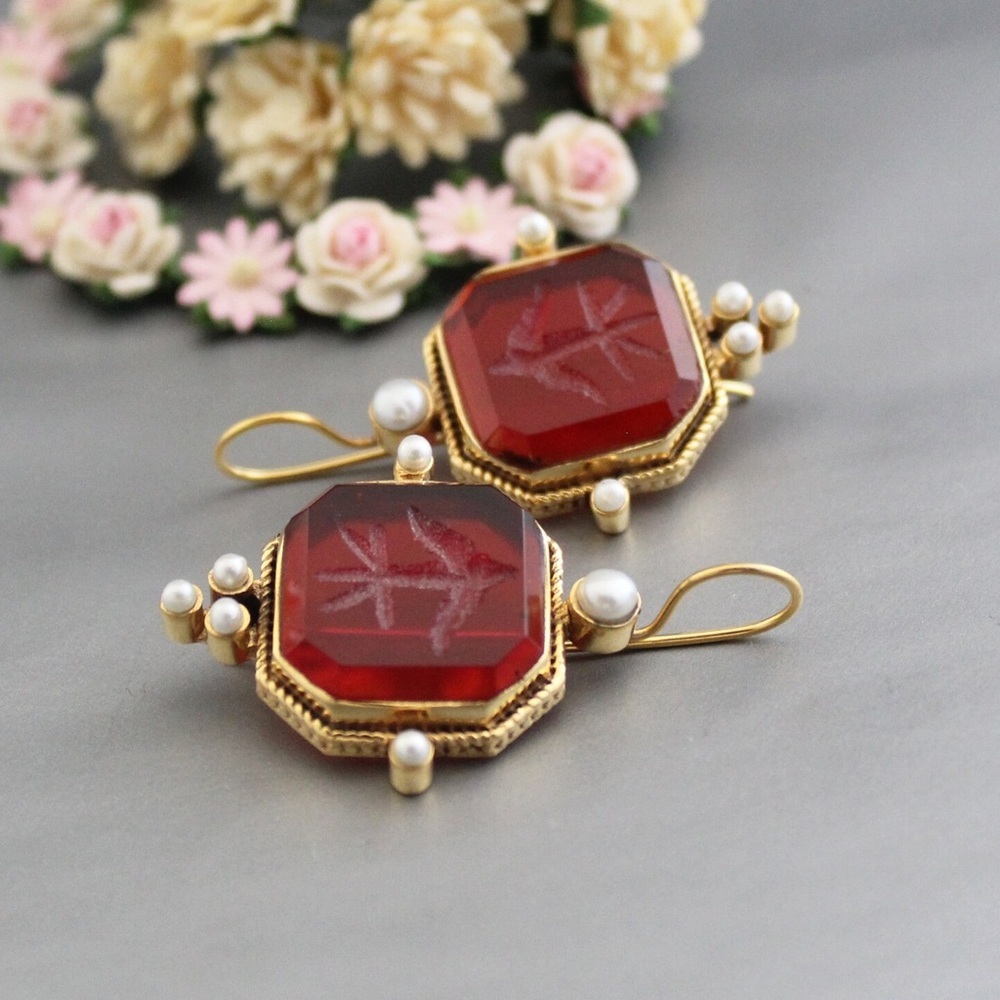 Vintage Gold and Red Earrings with Pearl Accents - Picture 2 of 5